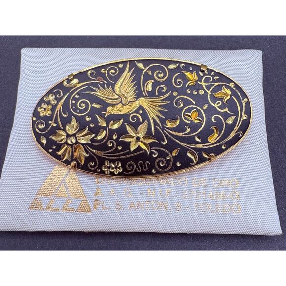 Vintage Damascene Bird Brooch Pin Toledo Spain New Old Stock 60s - Picture 2 of 5